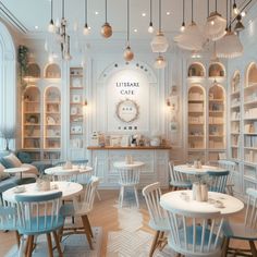 the interior of a restaurant with blue and white chairs, round tables and open shelvings