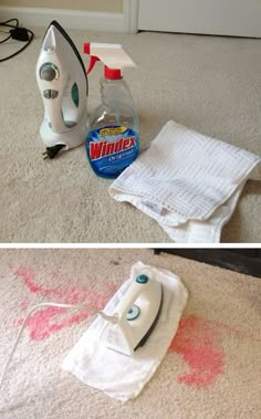 two pictures showing how to use an iron on the floor and cleaning cloths with vinegar