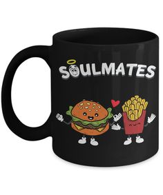 a black coffee mug with the words soulmates on it and two hamburgers next to each other