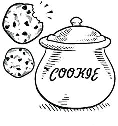 a cookie jar with cookies coming out of it and an apple beside it, vintage line drawing or engraving