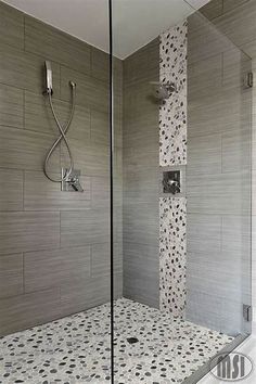 a walk in shower sitting inside of a bathroom