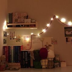 a shelf with books and lights on it