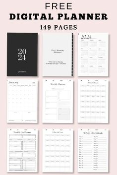 the free printable digital planner is displayed on a pink background with black and white numbers