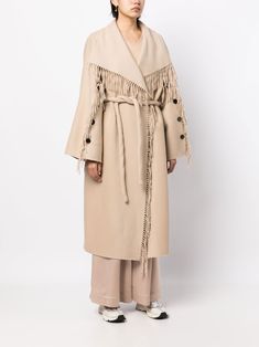 Goen.J double-faced Fringed Coat - Farfetch Chic Beige Outerwear With Fringe, Chic Beige Fringe Outerwear, Beige Fringed Winter Outerwear, Cream Fringe Outerwear For Winter, Winter Cream Outerwear With Fringe, Elegant Winter Outerwear With Tassels, Wool Fringe Outerwear For Fall, Fringed Wool Outerwear For Fall, Fall Wool Outerwear With Fringe