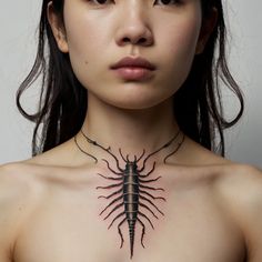 a woman with a scorpion tattoo on her chest