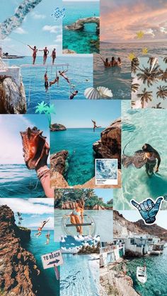 the collage shows people swimming and playing in the water