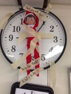 Elf on the shelf in the classroom Elf Classroom, Classroom Shelves, Classroom Elf, Classroom Clock, Holiday Classroom