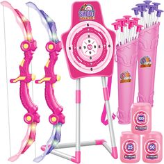 a pink toy set with arrows, bow and arrow target in the shape of a clock