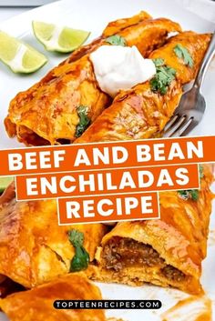 beef and bean enchiladas recipe on a white plate with lime wedges