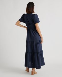 Maxi length and maximal function because we're bringing you another pocketed wonder! This chic maxi gathers at the waist for a lightly cinched look. Made from 100% organic cotton for lightweight breathability. With a v-neck and short sleeves, this is a must-have for your summer wardrobe.  | Quince | Women's Tiered Maxi Dress in Navy, Size Large, Cotton Cotton Ruched Maxi Dress For Daywear, Cotton Maxi Dress With Gathered Waist For Daywear, Cotton Ruched Maxi Dress For Day Out, Cotton Maxi Dress With Ruched Detail For Day Out, Relaxed Fit Cotton Maxi Dress For Day Out, Cotton Maxi Dress With Elastic Waistband, Spring Cotton Maxi Dress With Elastic Waistband, Casual Cotton Ruched Maxi Dress, Casual Cotton Maxi Dress With Gathered Waist