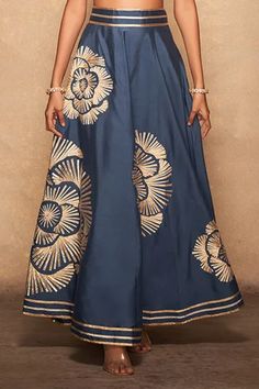 Shop for Gulabo by Abu Sandeep Blue Pure Chanderi Silk Rose Gota Embellished Skirt for Women Online at Aza Fashions Festive Embroidered Chanderi Bottoms, Elegant Designer Bottoms For Diwali, Festive Floor-length Embroidered Skirt, Anarkali Long Skirt With Resham Embroidery, Elegant Bottoms With Resham Embroidery For Diwali, Festive Skirt With Traditional Drape, Elegant Long Skirt For Festive Occasions, Elegant Festive Long Skirt, Designer Traditional Drape Skirt With Resham Embroidery