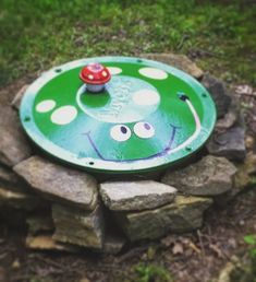 a green frisbee sitting on top of a pile of rocks in the grass