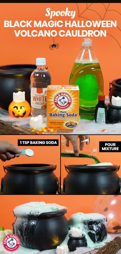 the instructions for how to make black magic halloween volcano cauldron with baking soda