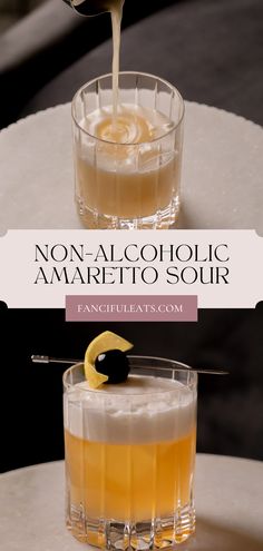 Non-Alcoholic Amaretto Sour. Amaretto Sour Mocktail, Virgin Amaretto Sour, Classic Mixed Drinks, Zero Proof Cocktails, Fancy Mocktails Non Alcoholic, Non Alcoholic Shots, Mocktail Drinks, Amaretto Sour, Drink Recipes Nonalcoholic