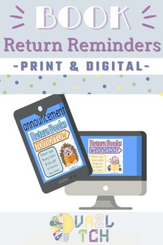 the book return reminders - print and digital for children's learning with an image of