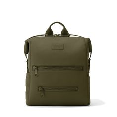 an olive green backpack with zippers on the front