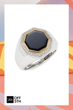 Effy’s Classic Signet Ring Is Crafted From Polished White Gold And A Contrasting Ring Of Gold Plating. Adorned With A Halo Of Round Diamonds, It Features A Smooth Onyx Stone At The Center. White Sapphire & Onyx, 4.66 Tcw Sterling Silver & 14k Goldplating Made In Usa Size Width, About 0.69" Diameter, About 0.72" Clic. Center Core - Jewelry Trunk > Saks Off 5th > Barneys Warehouse. Effy. Size: 10. Modern Diamond Signet Ring With Gemstone, Luxury Onyx Round Signet Ring, Luxury Onyx Signet Ring With Gemstone, Fine Jewelry Onyx Ring In White Gold, Fine Jewelry White Gold Onyx Rings, Luxury Black Enamel Signet Ring For Anniversary, White Gold Onyx Ring Fine Jewelry, Luxury Onyx Diamond Ring For Formal Occasions, Luxury Black Enamel Signet Ring