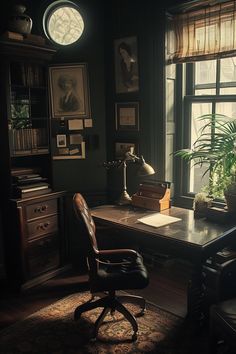 an office with a desk and chair in the corner, next to a large window