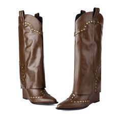 Shop Coffee-Brown Rivets Fold Over Knee High Boots Wedge Heel Cowgirl Boots color Brown for Dancing Club, Music Festival, Night Club, Party with worldwide Free shipping & Free return. Red Satin Heels, Blue Satin Heels, Navy Blue Wedding Shoes, Zebra Print Shoes, Royal Blue Wedding Shoes, Navy Wedding Shoes, Kitten Heel Wedding Shoes, Cheetah Print Shoes, Neon Sandals