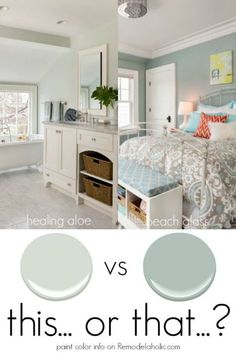 a bedroom with blue and white paint colors on the walls, and an image of a bed