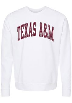 Make your way to the big game in this Texas A&M AggiesWomens White Gameday Crew Sweatshirt! This Aggies Long Sleeve Sweatshirt features a screen print team name on center chest. Stay warm and comfortable with this Womens Texas A&M Aggies Crew Sweatshirt. Long sleeve, Soft hand, Finished seams, Straight hem, Thick band at waist and sleeve cuffs, 100% Cotton, 4 Sporty University Logo Crew Neck Top, Sporty Crew Neck Top With University Logo, White Tops With University Logo For Game Day, White Athleisure Tops For Game Day, University Logo Long Sleeve Tops For Sports Season, Long Sleeve University Logo Tops For Sports Season, Long Sleeve Tops With University Logo For Sports Season, White Tops With University Logo For Sports Season, White Sports T-shirt With Ribbed Cuffs