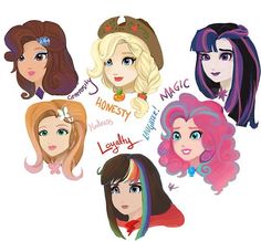 some cartoon style girls with long hair and different hairstyles, all wearing tiaras