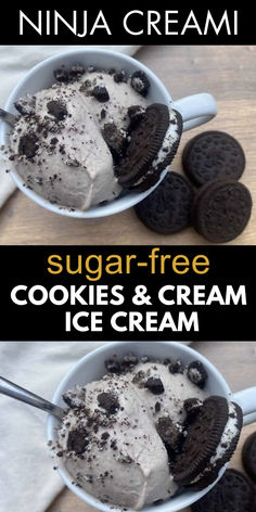 Images of sugar-free cookies and cream with keto-friendly Oreo-style cookies in a bowl.