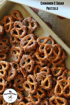 cinnamon and sugar pretzels in a baking dish with the title overlay that reads