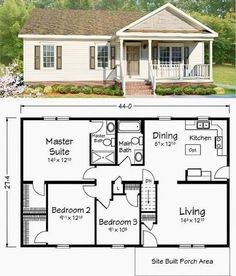 the floor plan for a small house with two bedroom and an attached porch, is shown