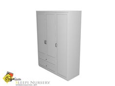 a white cupboard with two doors and drawers