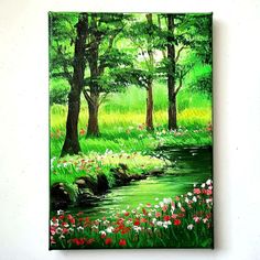 a painting of flowers and trees by a stream