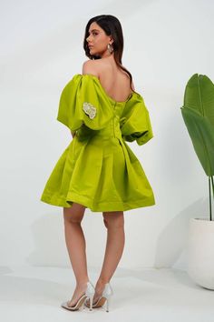 Lime yellow dutch satin off-shoulder corset dress with petal and pearls embellishments. - Aza Fashions Green Off Shoulder Dress For Summer Formal Events, Fitted Off Shoulder Dress For Spring Banquet, Spring Cocktail Off Shoulder Dress With Sweetheart Neckline, Elegant Green Off-shoulder Cocktail Dress, Elegant Green Off Shoulder Cocktail Dress, Yellow Off-shoulder Cocktail Dress, Summer Wedding Satin Off Shoulder Dress, Silk Off-shoulder Dress For Banquets, Silk Off-shoulder Dress For Banquet