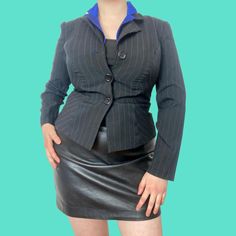 Vintage 80s pinstripe black blazer with royal blue satin lining collar feature Best for size 10 - shown on size 12 Spring Slim Fit Blazer For Tailoring, Winter Pinstripe Formal Outerwear, Winter Formal Pinstripe Outerwear, Pinstripe Outerwear For Winter Workwear, Fitted Pinstripe Outerwear For Semi-formal Occasions, Pinstripe Outerwear For Winter Office, Spring Office Wear Fitted Outerwear, Spring Fitted Outerwear For Office, Fitted Spring Outerwear For Office