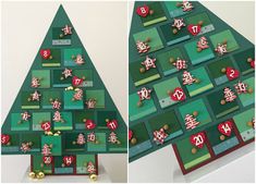 a christmas tree made out of pieces of green paper with red and white numbers on it