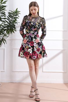 Long Sleeves O Neck Colorful Floral Embroidery Black Dress Patterned Bridesmaid, Black Dress With Sleeves, Exclusive Dress, Prom Party, Colorful Design, Above Knee, Summer Accessories, Pitcairn Islands, Guinea Bissau