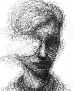 an abstract drawing of a man's face with hair blowing in the wind, against a white background