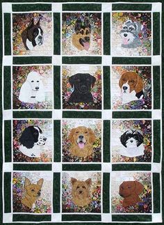 the dogs are all different colors and sizes on this quilted wall hanging ornament