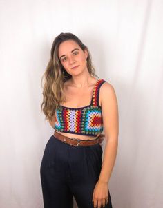 crochet 70's top #retooutfit #crochetclothes #crochettop Tube Crochet, Granny Square Top, 70s Tops, Rainbow Top, Crochet Lace Top, Square Top, Crochet Crop, Crochet Tops, Crochet Crop Top