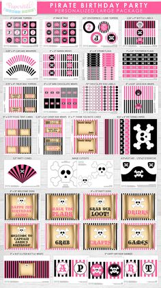 Pirate Theme LARGE Birthday Party Package | Pink & Black | Personalized | Printable DIY Digital File Black Pirate, Favor Bag Toppers, Cupcake Wraps, Straw Flags, Chocolate Wrapping, Paper Candy, Pirate Birthday Party, Bottle Wrapping, Pirate Birthday