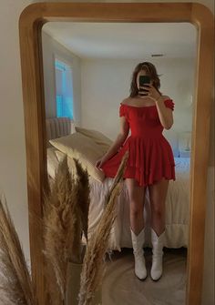 Mirror selfie outfit ootd Off The Shoulder Dress With Cowboy Boots, Red Mini Dress With Cowboy Boots, Red Dress And Cowboy Boots, Red Cowgirl Dress, Red Dress With White Boots, Red Concert Dress, Red Dress White Cowboy Boots, Red Dress Cowgirl Boots, Red Dress Cowboy Boots Outfit