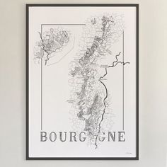 a framed black and white map of the region of bourgignne, france