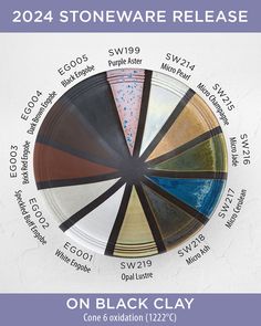 a paper plate with different colors on it and the words stoneware release in white