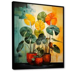 an oil painting on canvas of tropical plants in red vases with yellow and green leaves