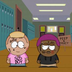 two cartoon characters standing next to each other in a hallway with lockers behind them