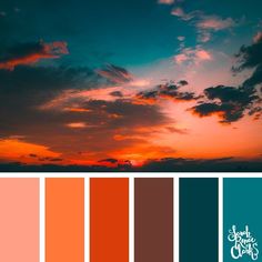 an orange and blue sky with clouds in the background is featured in this color palette