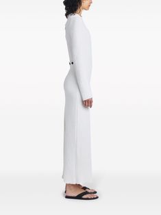 White Long Knitted Dress, Fitted Chic Maxi Dress With Open Knit Details, Long White Ribbed Sweater Dress, Luxury Knit Maxi Dress, Farfetch Maxi Dress, Maxi Knit Dress, White Maxi Dresses, Ankle Length, Proenza Schouler