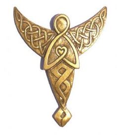 a golden angel brooch with an intricate design on it's wings and two hearts in the center