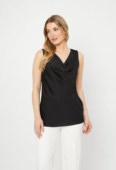 Indulge in the subtle sophistication of this sleeveless satin top. The draped cowl neck adds an alluring touch to the garment and elevates its classic straight silhouette. With its timeless appeal, this top is an exquisite addition to your wardrobe. Model is 5'9"/175 cm and wears a size 8Approximate length (size 12): 24" - 61 cm Silk Cowl Neck Top For Night Out, Sleek Sleeveless Top For Evening, Sleek Sleeveless Evening Top, Chic Silk Top With Cowl Back, Sleek Sleeveless Formal Tops, Sleek Sleeveless Satin Top, Chic Draped Satin Top, Elegant Cowl Neck Tank Top For Night Out, Classic Sleeveless Top For Night Out