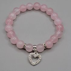 Girly Bracelets, Crystal Bead Jewelry, Quartz Pink, Bracelet Heart, 8mm Beads, Bracelet Love, Rose Quartz Bracelet, Beads Bracelet Design, Jewelry Accessories Ideas