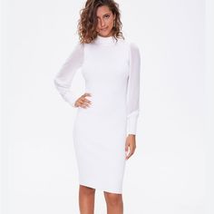 White Dress With Sheer Sleeves, Midi Length, Perfect For Bridal Shower Bachelorette Rehearsal Dinner, Never Worn Elegant Mini Length Bodycon Dress By Forever 21, Elegant Forever 21 Mini Length Bodycon Dress, Elegant Forever 21 Mini Bodycon Dress, Elegant Forever 21 Bodycon Mini Dress, Forever 21 Fitted Dresses For Fall, Forever 21 Elegant Bodycon Mini Dress, Elegant Forever 21 Midi Dress For Date Night, Elegant Fitted Forever 21 Dress, Elegant White Dress By Forever 21